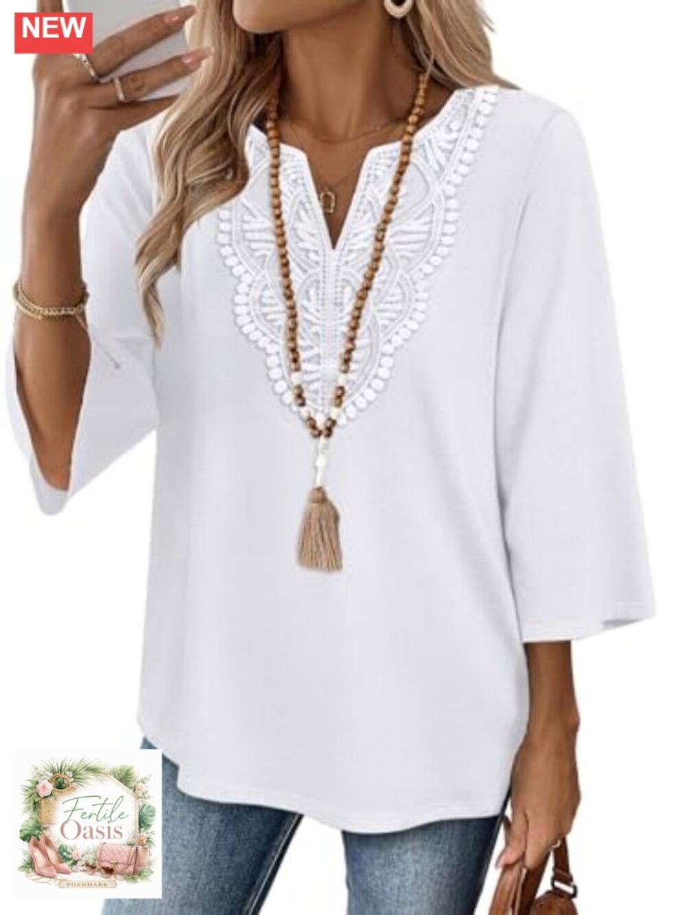 Womens 3/4 Sleeve Boho V-Neck Lace Tunic Top Blouse Dressy Casual